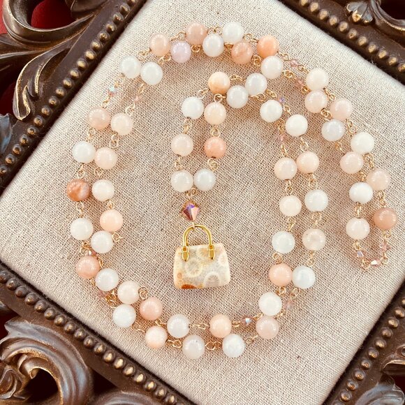 Gemstone Necklace, Peach Aventurine, Fossilized Coral Pendant, Swarovski Crystal - Picture 1 of 7